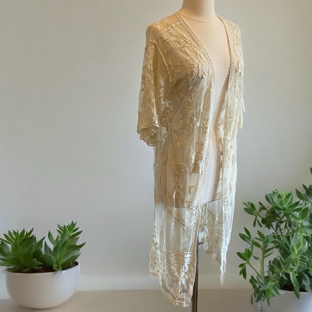 SOLD Boho Open Front Lace Kimono Semi Sheer - Picture 2 of 11